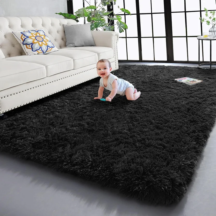 PAGISOFE 4x6 Fluffy Bedroom Rugs Black Modern Living Room Area Rug Fuzzy Shaggy Carpet Indoor Plush Nursery Rugs for Kids Room Furry Floor Rug for Boys Carpet for Teen Dorm Room Decor