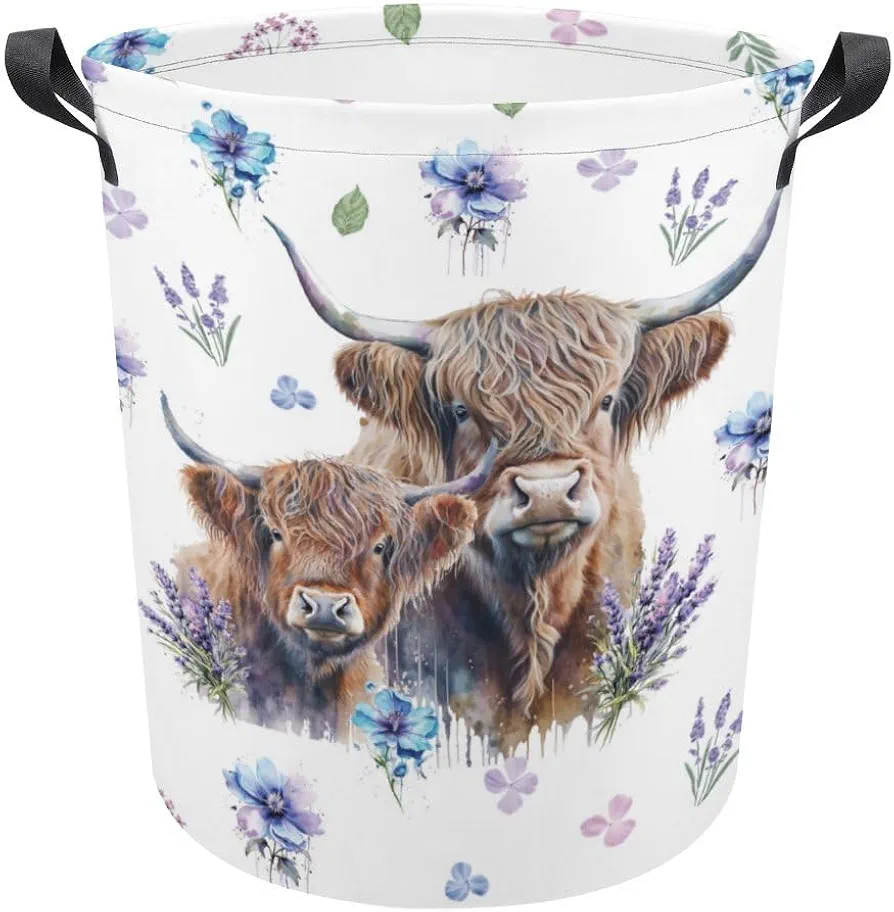 Purple Floral Highland Cow Print Laundry Hamper,kids laundry Basket,Waterproof Storage Bin for Bedroom,Clothes Organizer Basket,Toys Box,Room Decor