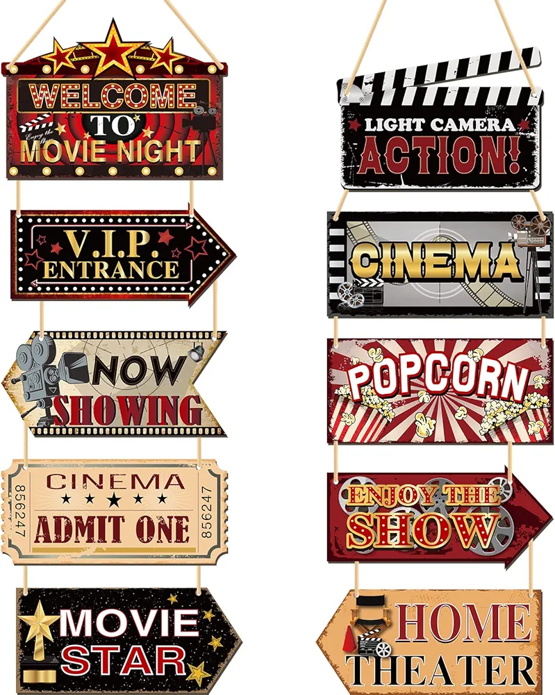 10 Pieces Wooden Movie Theater Decor Hanging Vintage Theater Room Decor Classic Home Theater Decor Rustic Movie Room Accessories Wood Movie Living Room Decor for Cinema Theme Wall Art Signs Plaque