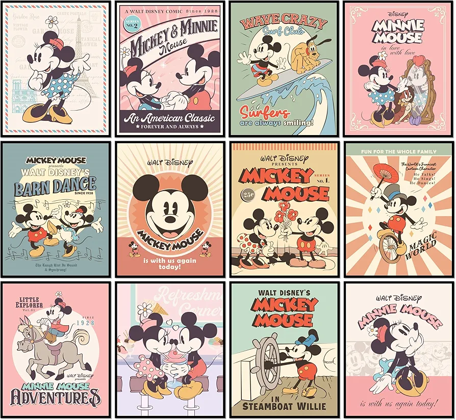 Disney Mickey Mouse Wall Art - Unframed Set of 12 (8x10”) Posters & Prints - Vintage Mickey Mouse Wall Decor, Retro Minnie Mouse Wall Decor, Cute Minnie Mouse Room Decor, Aesthetic Disney Posters, Mickey Mouse Decor, Disney Wall Decor Artwork