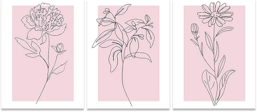 CCMXMKO Boho Line Flower Wall Art Decor Nursery Pink Posters for Room Aesthetic Neutral Vintage Botanical Prints Modern Minimalist Wall Art Decor Canvas Prints for Boho Bathroom Set of 3.