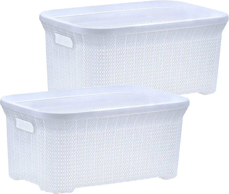 Plastic Laundry Basket Designed Small Storage Hamper Basket, Cloths Basket Organizer with Cut-out Handles. Space Saving for Laundry Room Bedroom Bathroom, Knit Design 40 Liter. (White, 2-pack)