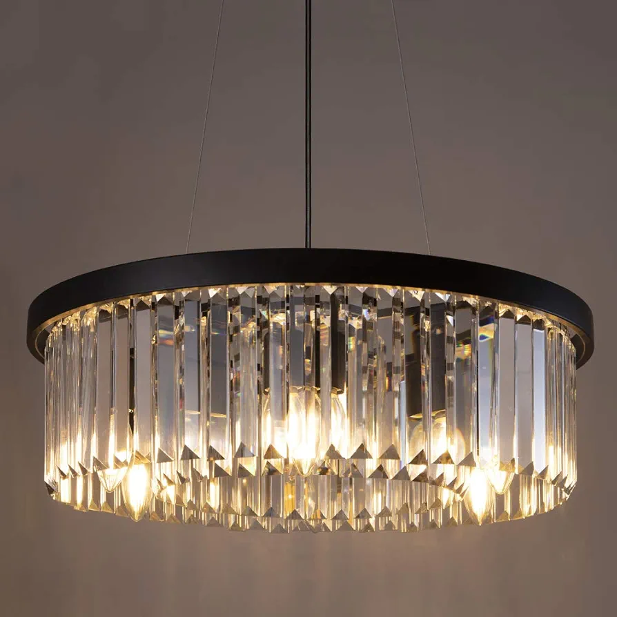 Wellmet Modern Crystal Chandelier for Dining Room, 6 Lights Black Farmhouse Crystal Pendant Light, Vintage Ceiling Lighting Fixture for Kitchen Island, Living Room, Bedroom, Hallway, Foyer, W-21.65”