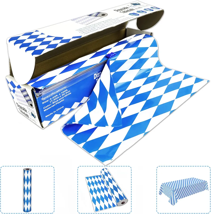 52 in x 100 Ft Oktoberfest Table Roll Party Accessory with Slide Cutter Plastic Table Cloth Roll Oktoberfest Bavarian Blue Diamonds Tablecover for German Themed Party Decorations