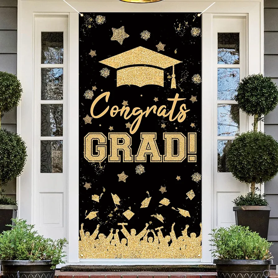 Black and Gold Congrats Grad Door Cover 2024 Graduation Photo Backdrop 2024 Graduation Party Grad Party Prom Decorations and Supplies for Home Classroom Office