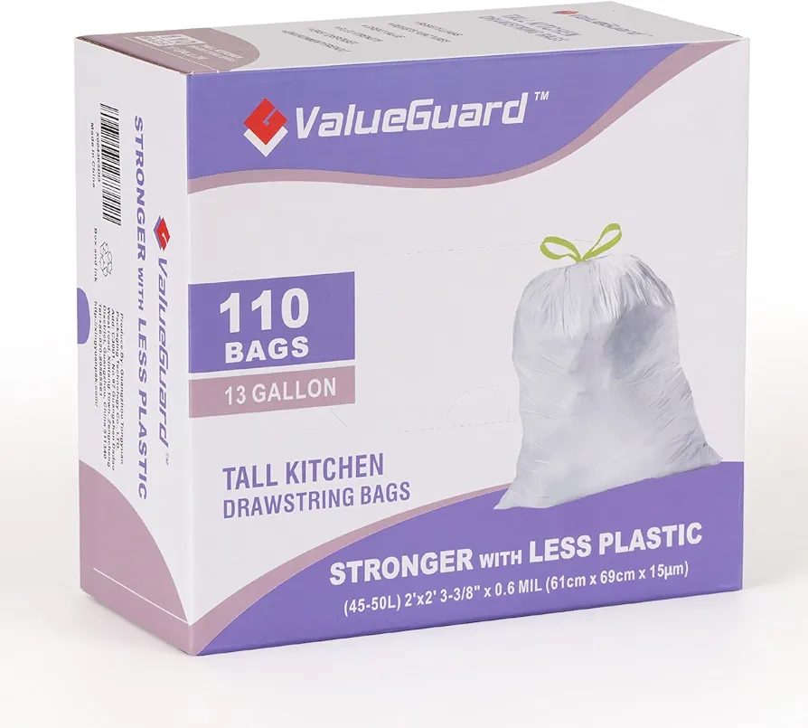 Trash Bags Garbage Bag 13 Gallon Drawstring Tall Waste Bag for Kitchen Office Party 0.6 Mil (110 Count)