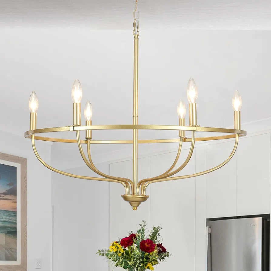 Gold Chandelier Light Fixture 6 Light Modern Chandelier for Dining Room 28'' Round Industrial Vintage Chandelier Over Table for Kitchen Island Living Room