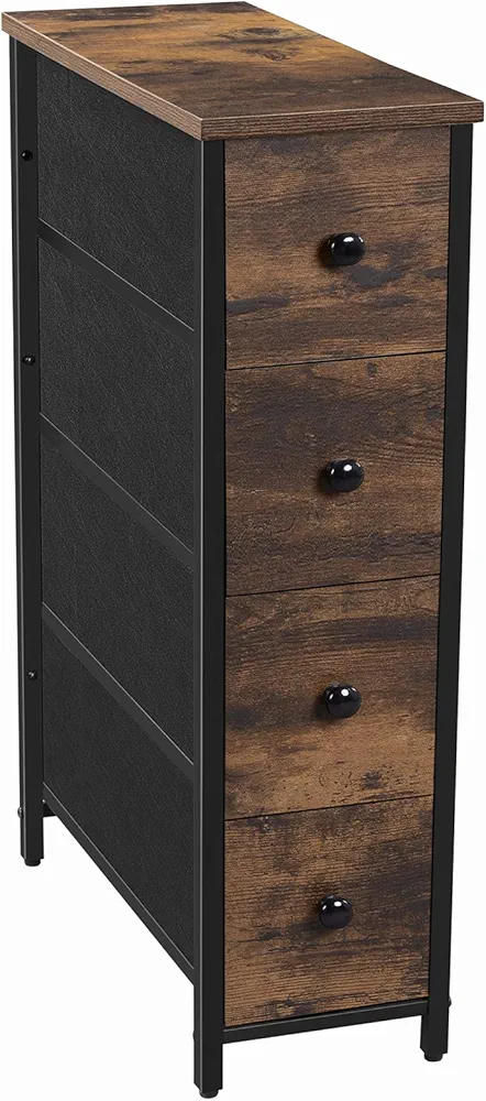 SONGMICS Narrow Dresser, Vertical Storage Unit with 4 Fabric Drawers, for Small Spaces and Gaps, Metal Frame, Slim Storage Tower, for Living Room, Laundry, Closet, Rustic Brown and Black ULGS041B01