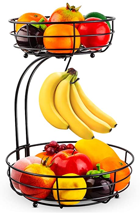 Auledio 2-Tier Countertop Fruit Vegetables Basket Bowl Storage With Banana Hanger, Black