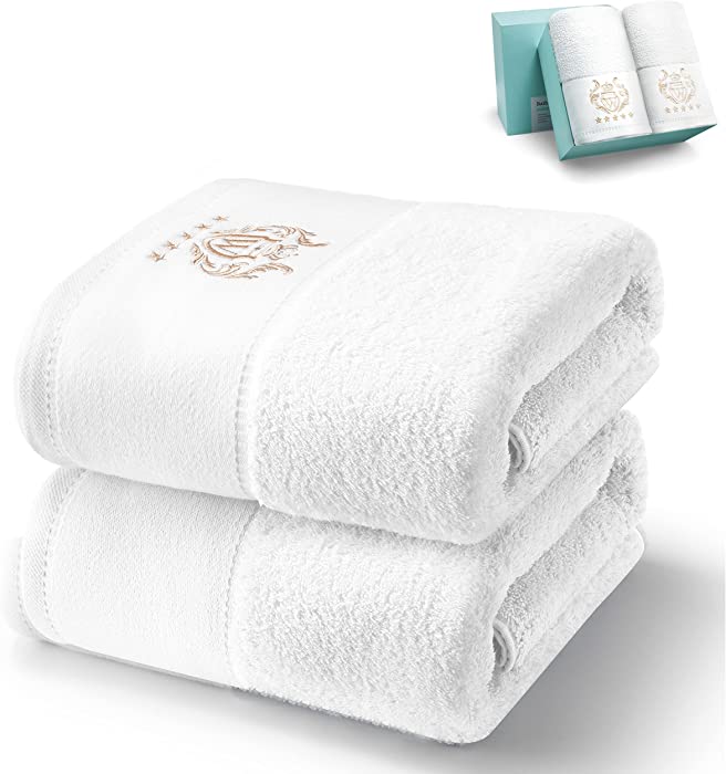 WIIKWEEK 100% Cotton Bath Towel Set, 27"x54" ,White Luxurious 600 GSM Large Bath Towels,Highly Absorbent,Super Soft Towels for Bathroom, (2 Pieces)