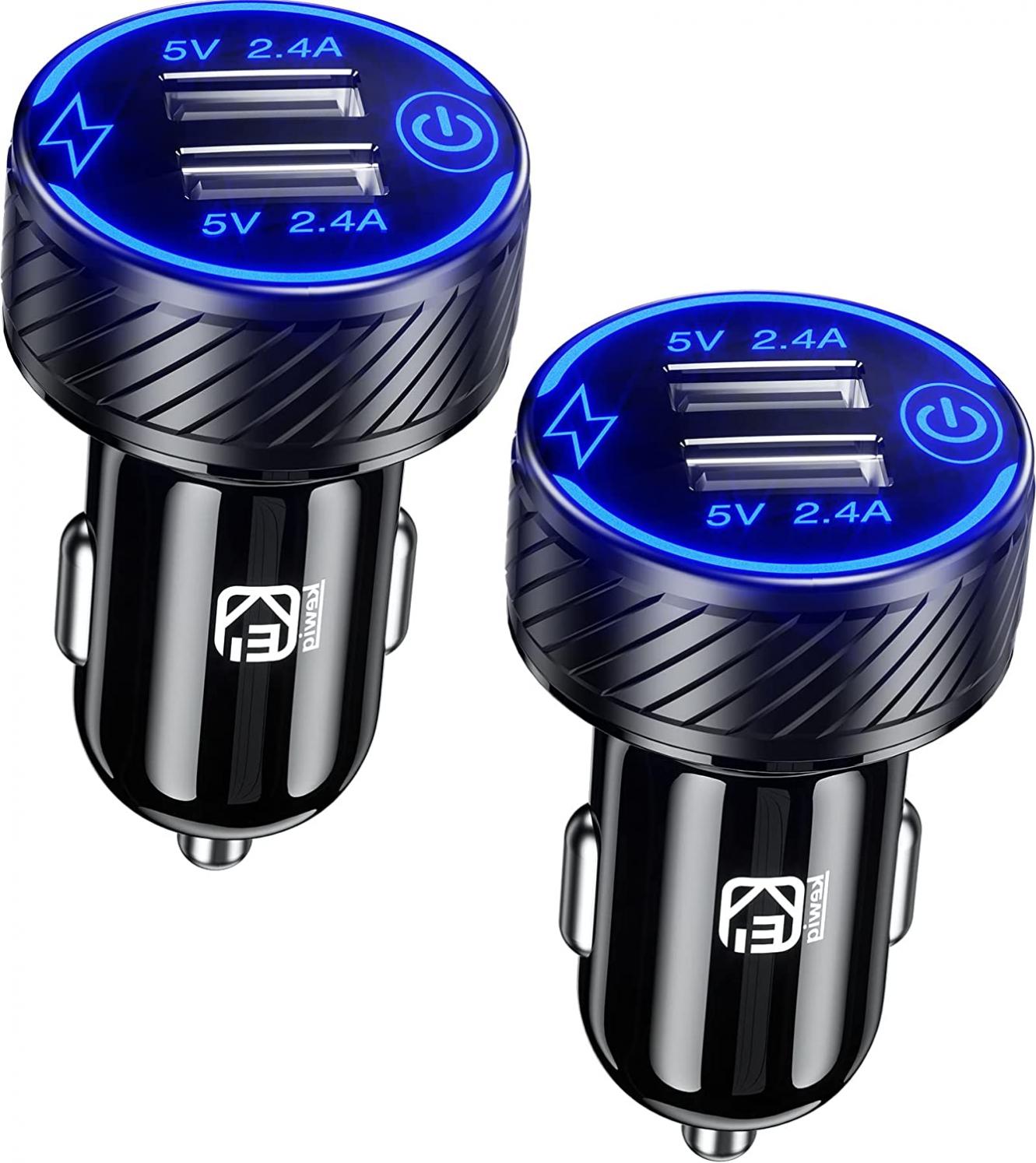 【2Pack】 USB Car Charger, Dual USB Port Car Charger Adapter, 5V/4.8A Charge Car Phone Charger with Blue LED & Touch Switch Fit for iPhone 13/12 Pro/Max/8, Galaxy S21/20/10/9 (Black)