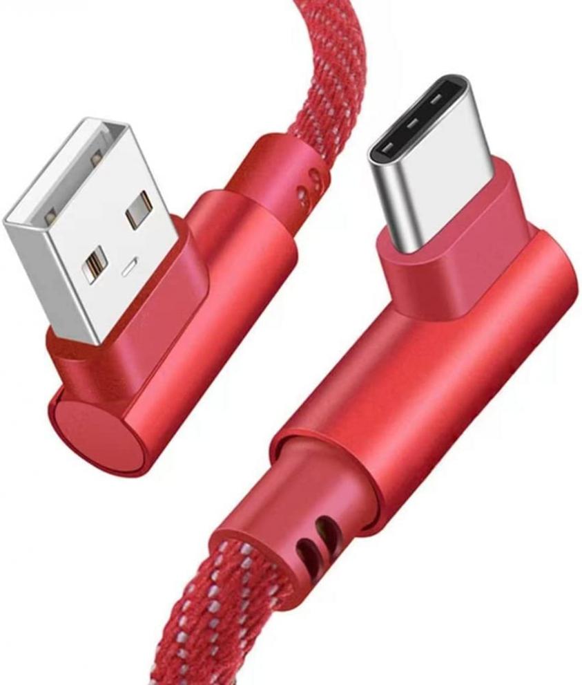 Right Angled USB Type C Cable, (2 Pack 3FT) 90 Degree Double-Side Reversible Nylon Braided Long Cord Fast Charging USB Type A to C Charger for Samsung Galaxy S8+/S9 Note 8 Plus, Apple MacBook (Red)