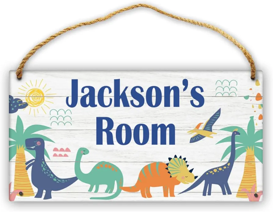 Personalized Cartoon Dinosaur Kids Room Door Sign Custom Name Boys Girls Bedroom Decor Wall Art Toddler Baby Nursery Wood Plaque Gift