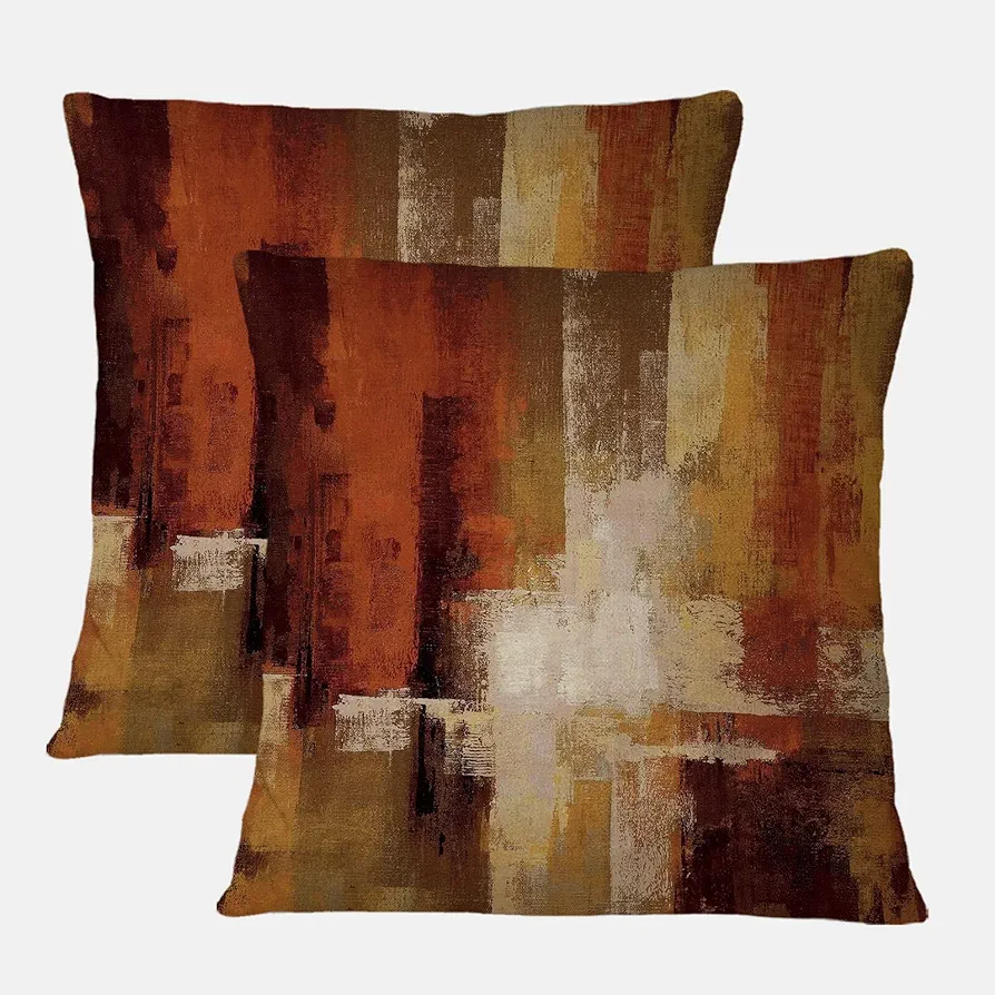 Burnt Orange Abstract Pillow Covers 18x18 Abstract Rust Art Painting Decorative Throw Pillowcase Modern Artwork Square Couch Cushion Cover for Living Room Sofa Accent Home Decor, Set of 2