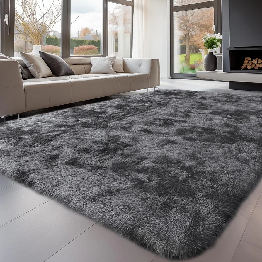 Area Rugs 9x12 Living Room, Grey Large Area Rug Shag Shaggy Carpet Soft Plush Furry Bedside Rug, Machine Washable Area Rugs for Bedroom Kids Girls Boys Home Decor Anti Slip