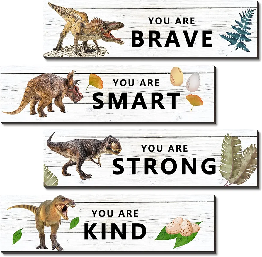 UBLURO 4 Pieces Dinosaur Motivational Wall Art Decors - Dinosaur Wooden Hanging Wall Prints Plaques， Dinosaur Room Decor for for Kids Boys Nursery Bedroom Decorations