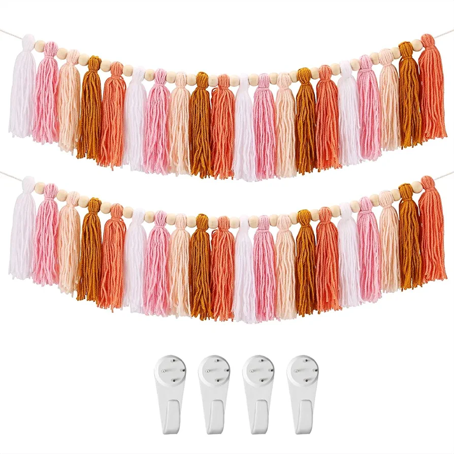 2PCS Boho Tassel Garland Colorful Garland with Wood Beads Macrame Woven Tassel Garland Banner Wall Hangings Decor for Classroom Bedroom Baby Room Nursery Office Wedding Party Birthday Decoration