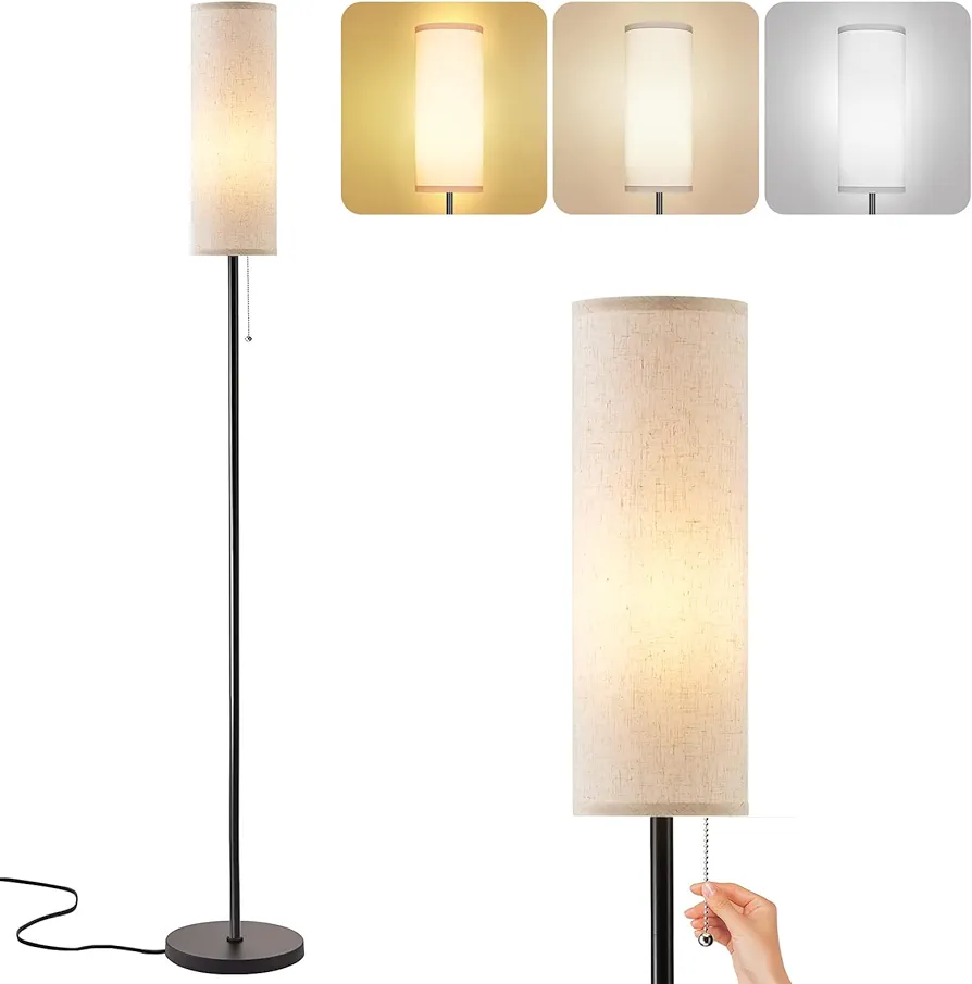 Floor Lamp for Living Room, Black Tall Standing Lamps with Pull Chain Switch, Linen Lampshade Decor for Bedroom, 3-Color Temperature E26 LED Bulb Included