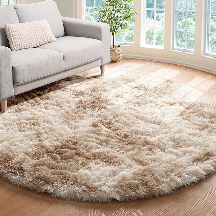 Tie-Dye Beige Round Area Rug 5x5, Soft Bedroom Circle Rugs Floor Mats for Kids Girls Teen Room, Kawaii Fluffy Plush Shaggy Carpet for Baby Nursery Living Room Playroom Home Decor