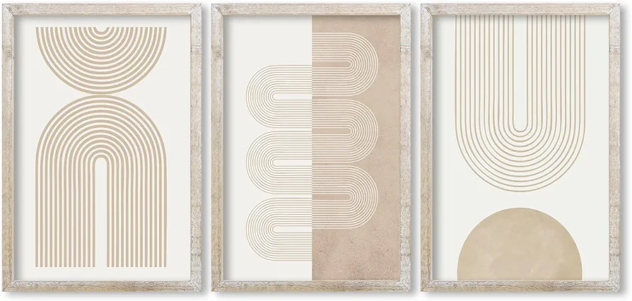 Wall Art Set of 3 Geometric Beige Spiral Wave Wooden Framed Mid Century Modern Organic Abstract Neutral Sign Prints Nordic Boho Office Living Room Master Bedroom Wall Hanging Decor (White)