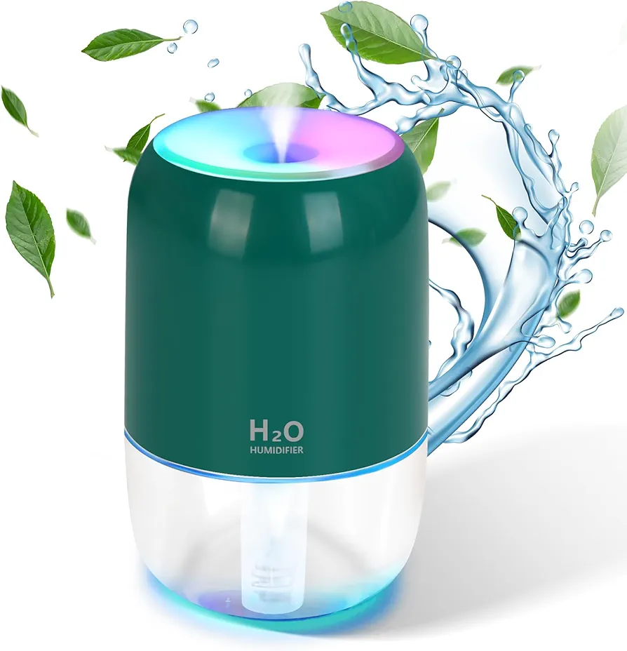 Mini Humidifiers for Bedroom, 200ml Cool Mist Humidifiers for Home Nursery Indoor Plants, Room Humidifiers for Bedroom Quiet Easy Clean Auto Shut-off Top Fill Humidifier for Car Office Desktop, Green