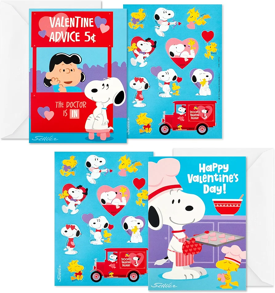 Hallmark Peanuts Valentines Day Cards and Stickers for Kids School, Snoopy and Lucy (24 Classroom Valentines with Envelopes)