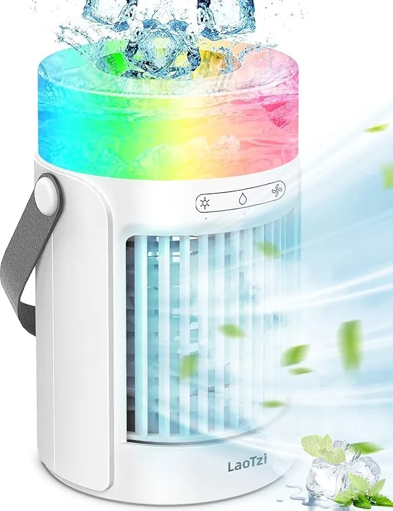 Portable Air Conditioner, Evaporative Mini Air Cooler with Powerful 3 Wind Speeds, 600ML Water Tank, 7-Color Light for Room, Car, Kitchen, Camping