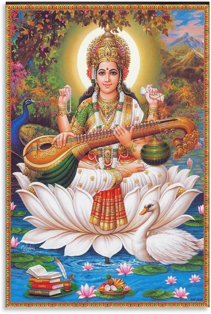 Indian God Poster Goddess Saraswati Sitting on Lotus Canvas Poster, Wall Art Poster Suitable for Bedroom Living Room Decoration Canvas Painting Wall Art Poster for Bedroom Living Room Decor 08x12inch(