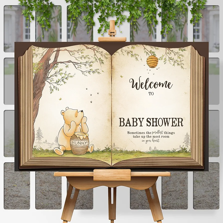 WEECUTES® Classic Winnie Welcome Sign Baby Shower Decorations Party Board Entrance Door Decor Centerpiece Pooh Bear Personalized Signage