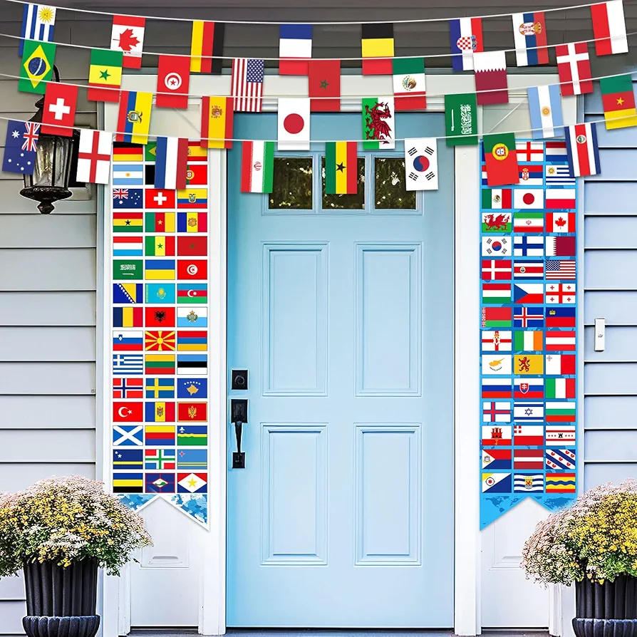 Outus 3 Pcs World Flags International World Flags Decorations with 2 International World Flags Porch Banners 1 Bunting Banner of 32 Countries String Flag for School Classroom Sports Club Bar Party