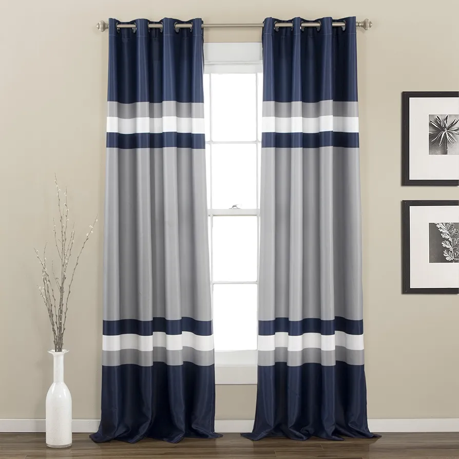 Lush Decor Alexander Stripe Light Filtering Window Curtain Panel Pair, 52"W x 95"L, Navy