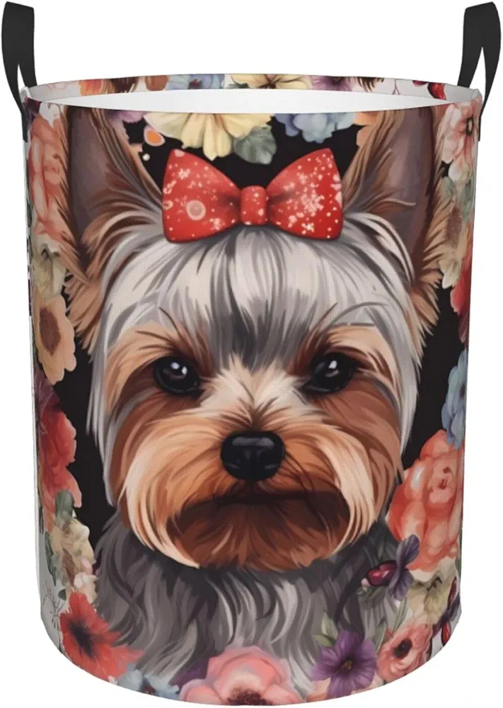 Laundry Hamper Large Foldable Laundry Basket with Handle Waterproof Dirty Clothes Hamper Yorkie Floral Decorative Round Storage Basket for Living Room Bedroom Bathroom, Medium, Black