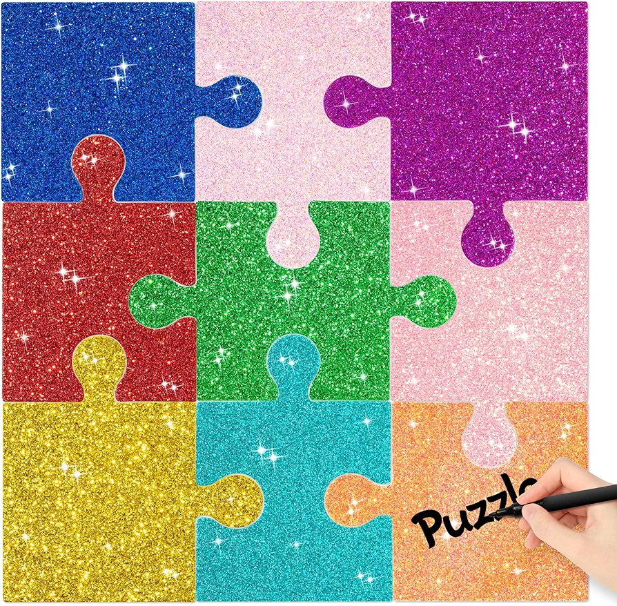 Glitter Puzzle Pieces Cutouts- 100Pcs Back to School Puzzle Pieces Accents Paper Cutout Bulletin Board DIY Paper Puzzle Craft Party Supplies for Kids School Classroom Playroom Baby Nursery Wall Decors