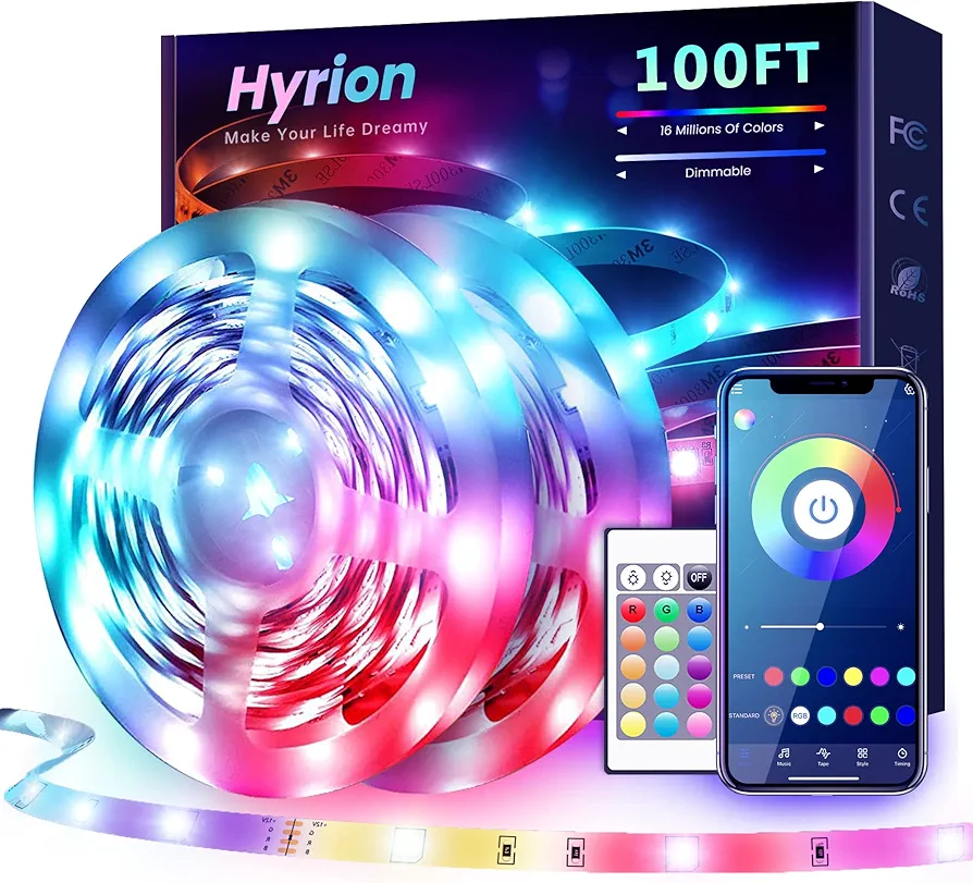 hyrion 100 ft Bluetooth LED Strip Lights,Music Sync Color Changing Lights Strip,5050 RGB LED Lights with Remote,Smart Phone App Control LED Lights for Bedroom,Bar,Room DIY (APP+Remote)