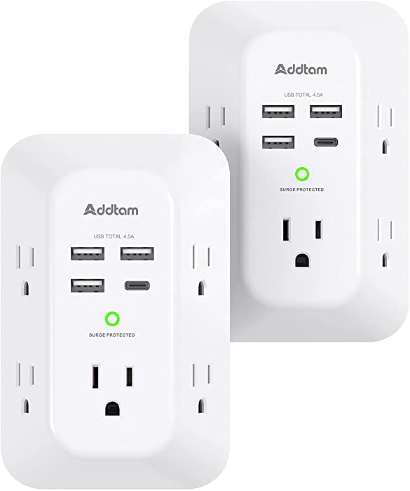 2 Pack USB Wall Charger Surge Protector, 5 Outlet Extender with 4 USB Charging Ports ( 1 USB C Outlet) 3 Sided 1800J Power Strip Multi Plug Outlets, Wall Adapter Spaced for Home Travel Office