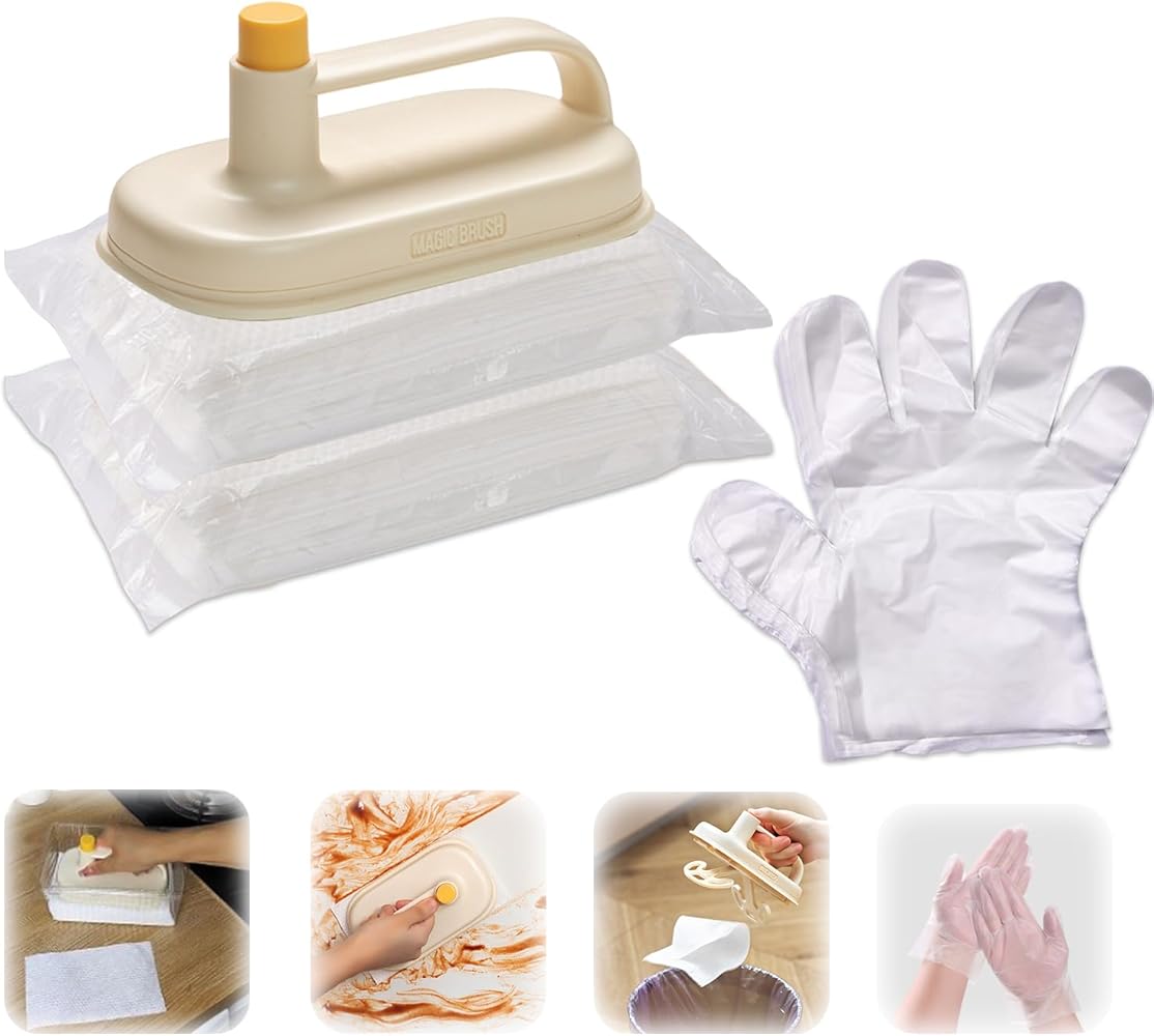 100 PCS Disposable Cleaning Cloth And Magic Brush With Handle, and 100 PCS TPE Disposable Gloves - Household Cleaning Without Dirty Hands, White