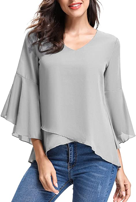 Womens Tops Summer 3/4 Sleeve Chiffon Blouse Loose Casual Elegant Ladies Office Work Shirts Loose Flowy Tshirts Top