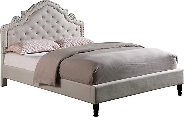 HomeLife Premiere Classics 51" Tall Platform Bed with Cloth Headboard and Slats - Queen (Light Beige Linen)