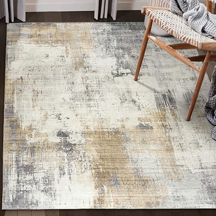 ReaLife Machine Washable Rug - Stain Resistant, Non-Shed - Eco-Friendly, Non-Slip, Family & Pet Friendly - Made from Premium Recycled Fibers - Abstract Modern - Beige, Gray, Ivory, 5' x 7'