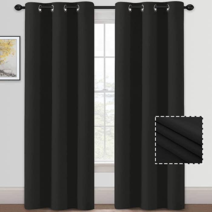 ALLJOY 2 Panels Thermal Insulated Room Darkening Drapery for Bedroom Windows, Noise Reducing Energy Saving Drape, 2 Window Curtain Panels, Triple Weave Curtains Grommet Top, W42 x L84 in, Black