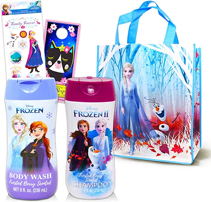 Disney Frozen Bath Accessories Set ~ Bundle with 5 Pc Frozen Body Wash, Shampoo, Tote Bag, Stickers, and More