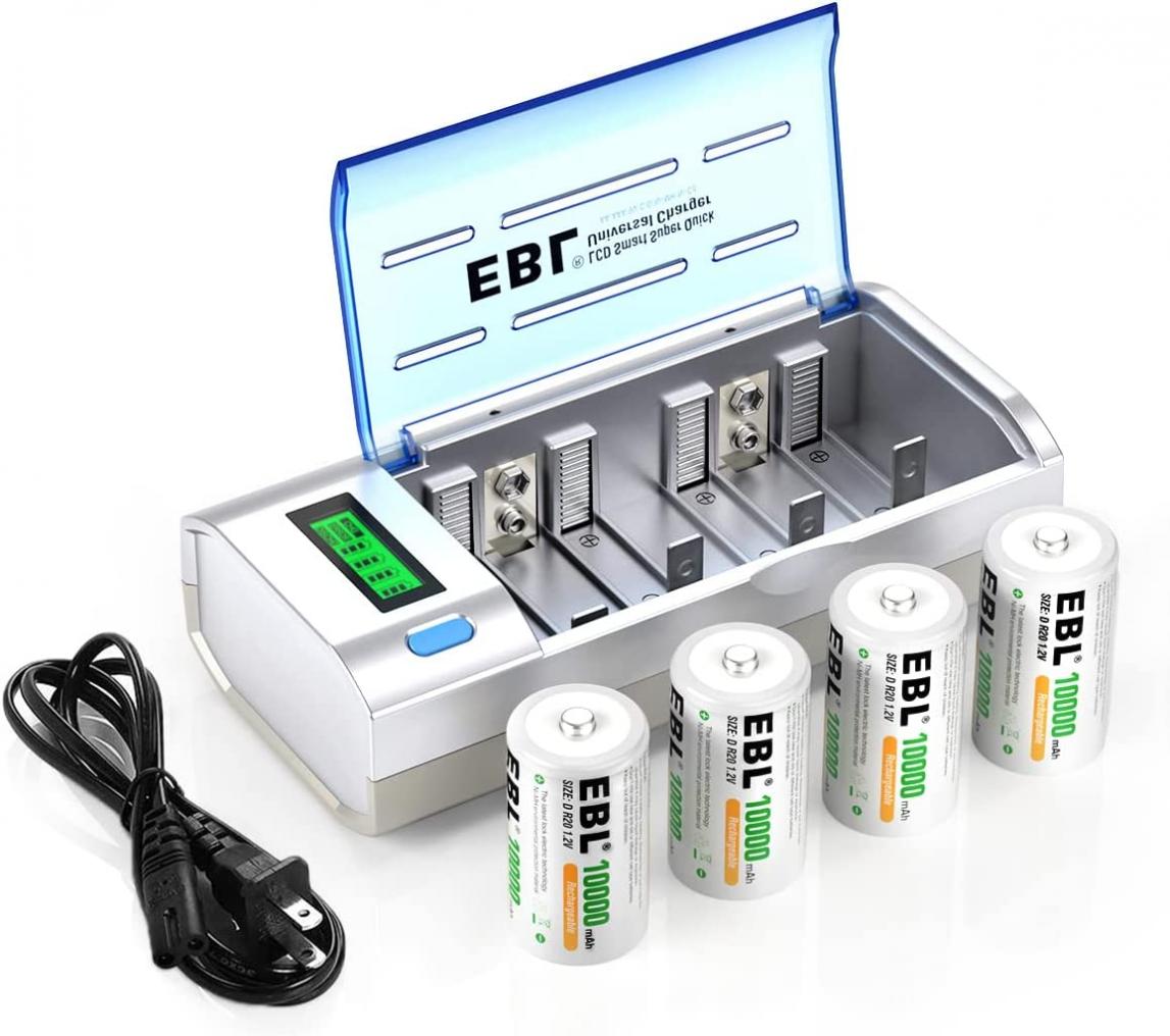 EBL D Cells 10000mAh Rechargeable Batteries (4 Counts) with C D 9V AA AAA Battery Charger