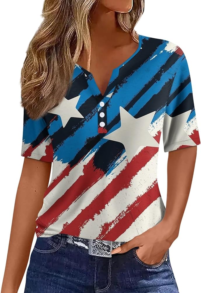 4th of July Shirts Women Casual Elegant Independence Day Blouses Shirts Tees Sexy Cute V Neck Tops Tshirts