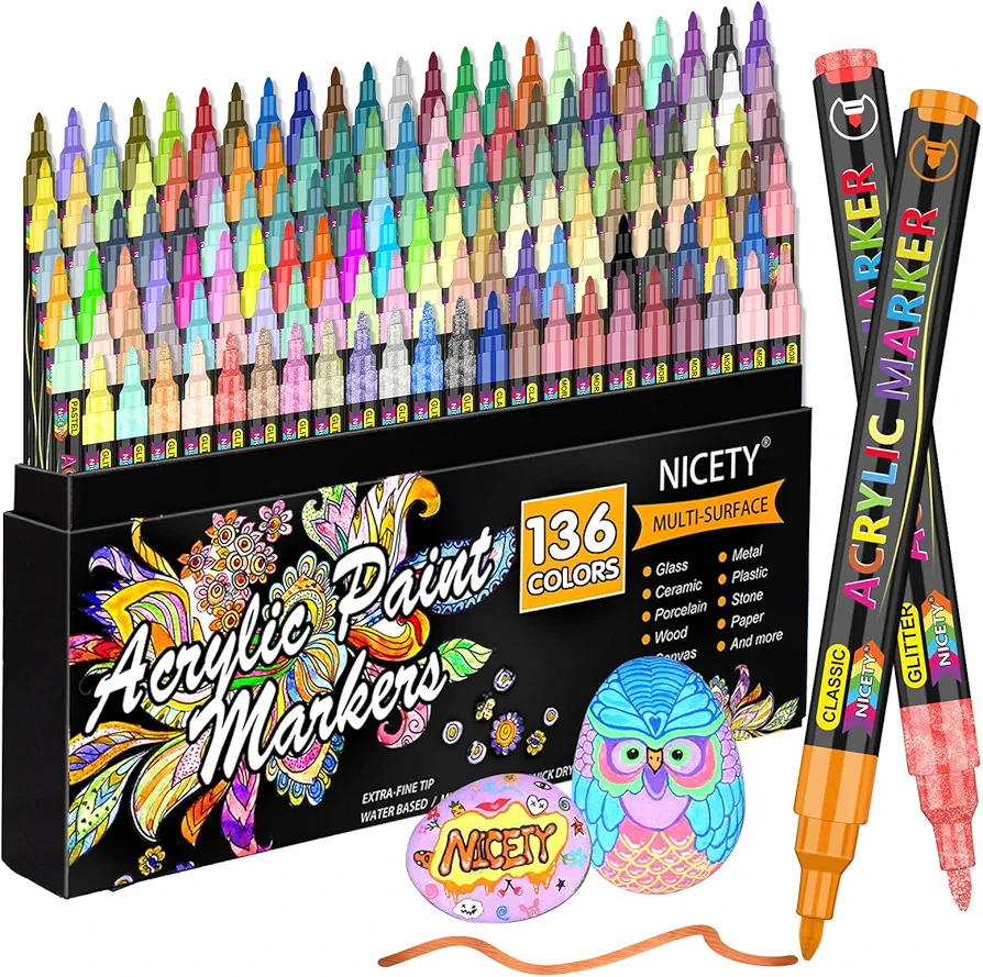 NICETY 136 Colors Acrylic Paint Pens Paint Markers, Extra Fine Tip Point Acrylic Paint Pens for Rock Painting, Canvas, Wood, Ceramic, Glass, Stone, Fabric, DIY Crafts & Art Supplies