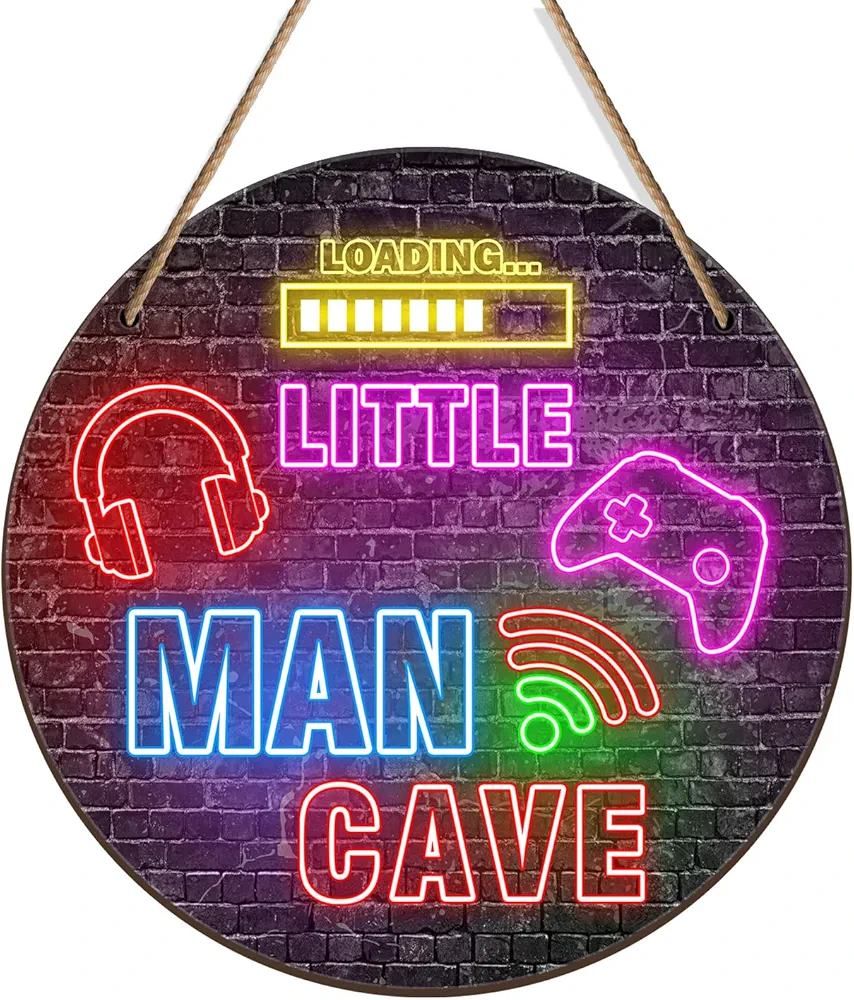 Neon Little Man Cave Sign, Boys Teenage Room Hanging Wall Art Decoration, Christmas Birthday Gift for Son Kid, Playroom Nursery Decor for Game Lover Gamer Wall Decor 12″x 12″