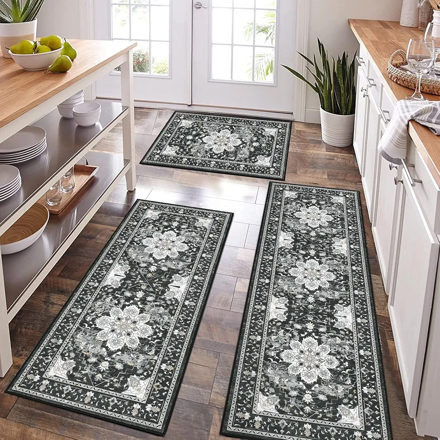 Bsmathom Farmhouse Kitchen Rugs Sets 3 Piece with Runne, Non Slip Kitchen Rugs and Mats Non Skid Washable, Bohemian Kitchen Floor Mat for Hallway Entryway Laundry Room