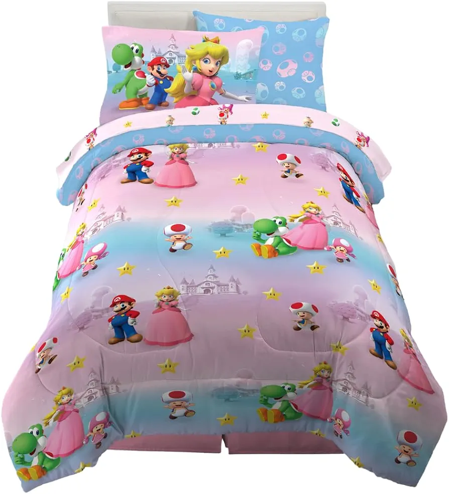 Franco Super Mario Girl Princess Peach Girl Gamer Kids Bedding Super Soft Comforter and Sheet Set with Sham, 5 Piece Twin Size, (Official Licensed Product)