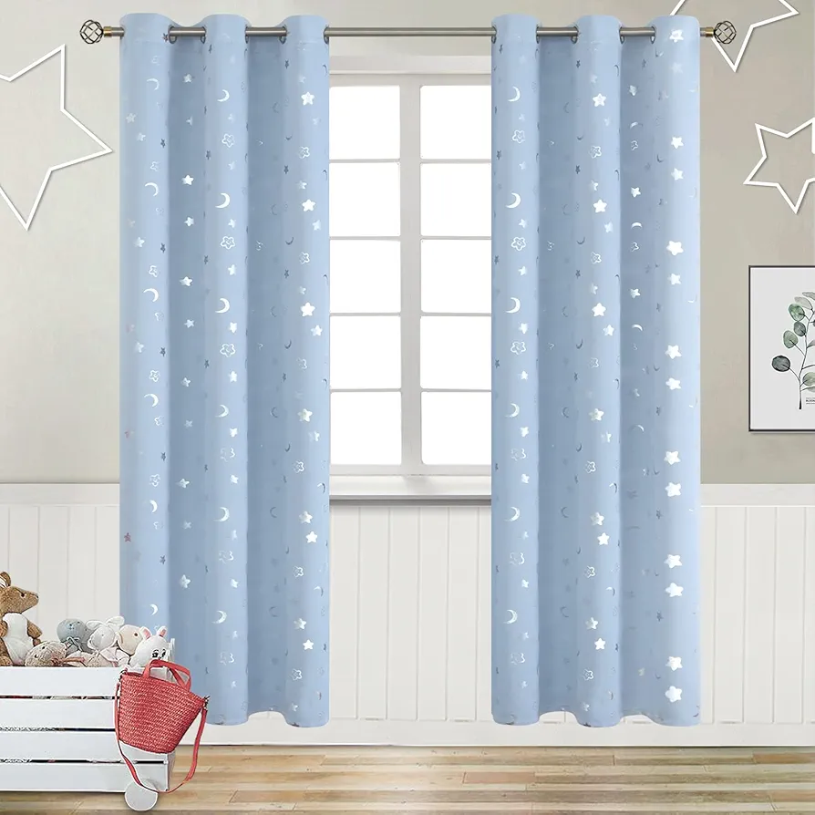 BGment Blue Moon Blackout Curtains for Kids Bedroom, Grommet Thermal Insulated Room Darkening Printed Nursery Curtains, 2 Panels of 42 x 84 Inch, Spa Blue