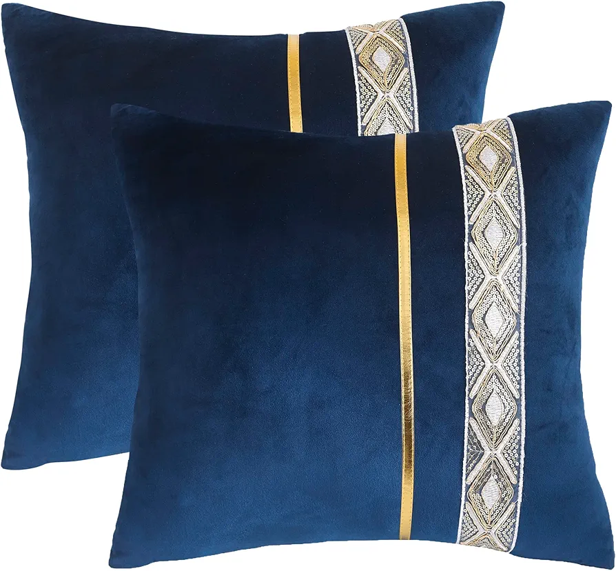 Navy Blue Velvet Throw Pillow Covers 20x20 Pack of 2 with Gold Leather Sequine Embroidery Stripe Decorative Couch Luxury Pillow Cases for Wedding Living Room Bedroom Sofa Bed Cushion Cover