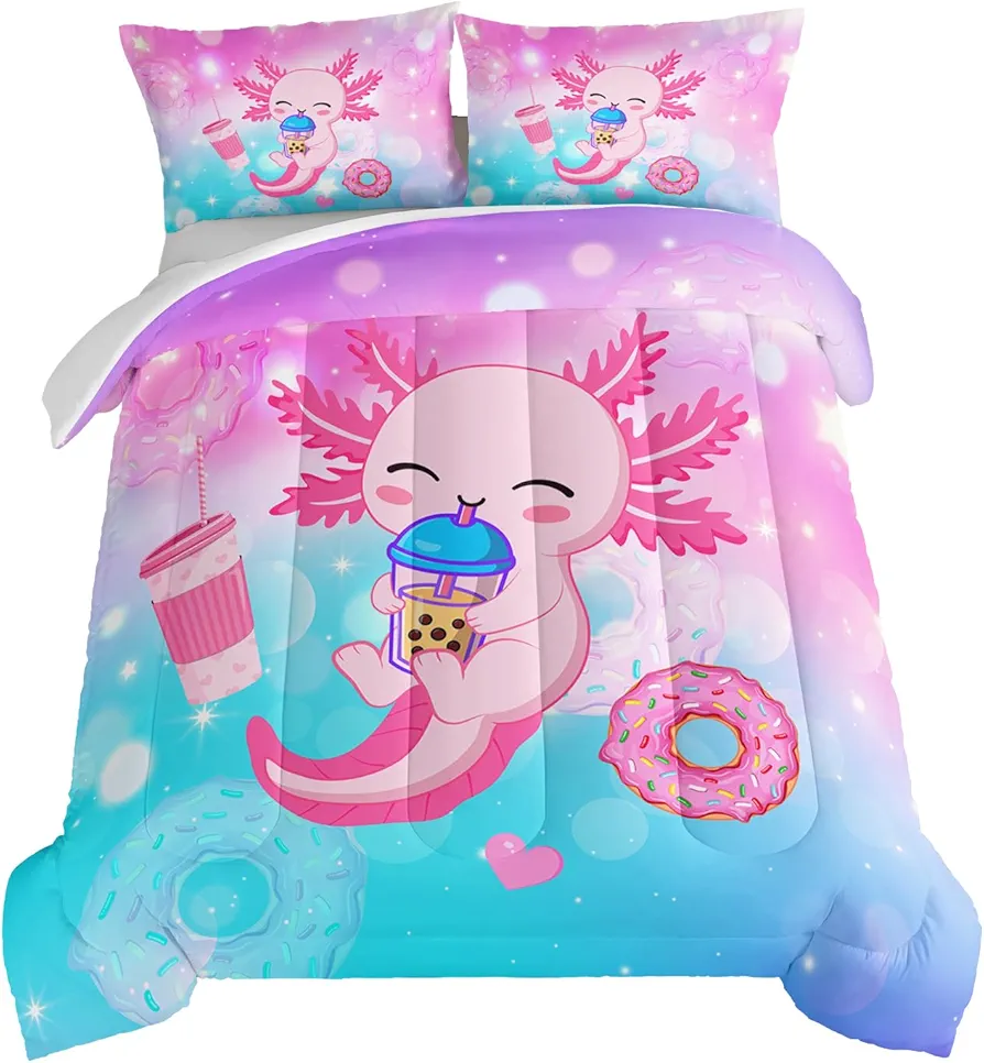 HOSIMA Axolotl Twin Comforter Set Cute Animal Bedding Room Decor for Teen Girls Dessert Milk Tea Donut Bed Princess Toddler Bedding Set Fantasy Blue Purple Twin Bed in a Bag Sets for Adults Teens.